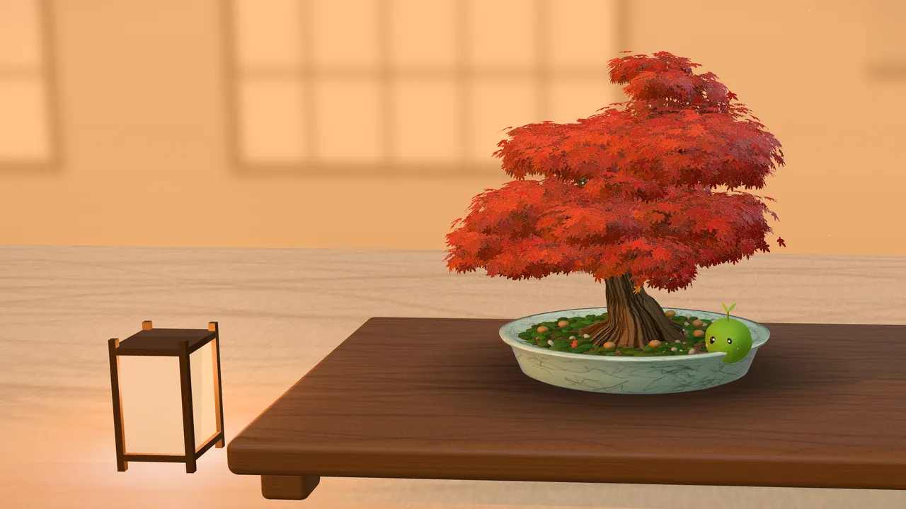 An autumn-red Japanese maple bonsai on a walnut stand in warm evening light, a paper lantern glowing beside it.