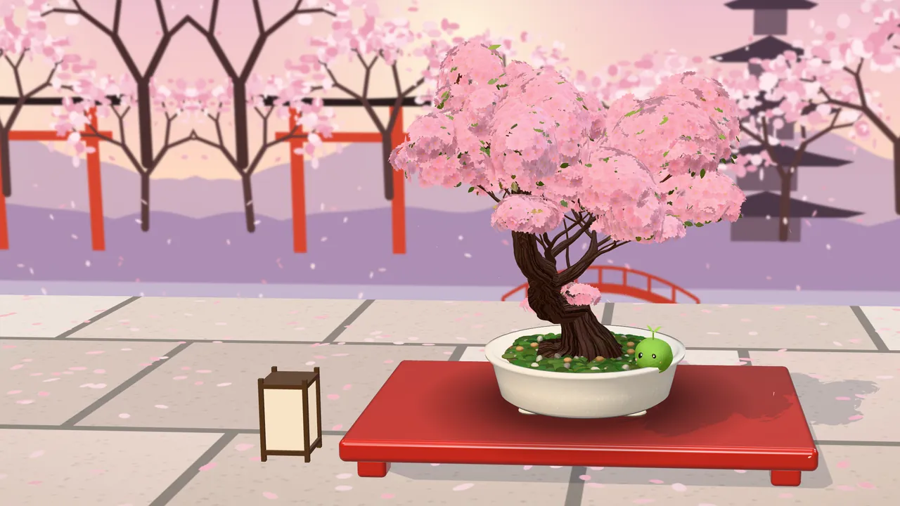 A cherry bonsai in full bloom on a red lacquer stand before a temple garden, with torii gates, a pagoda and petals in the air.