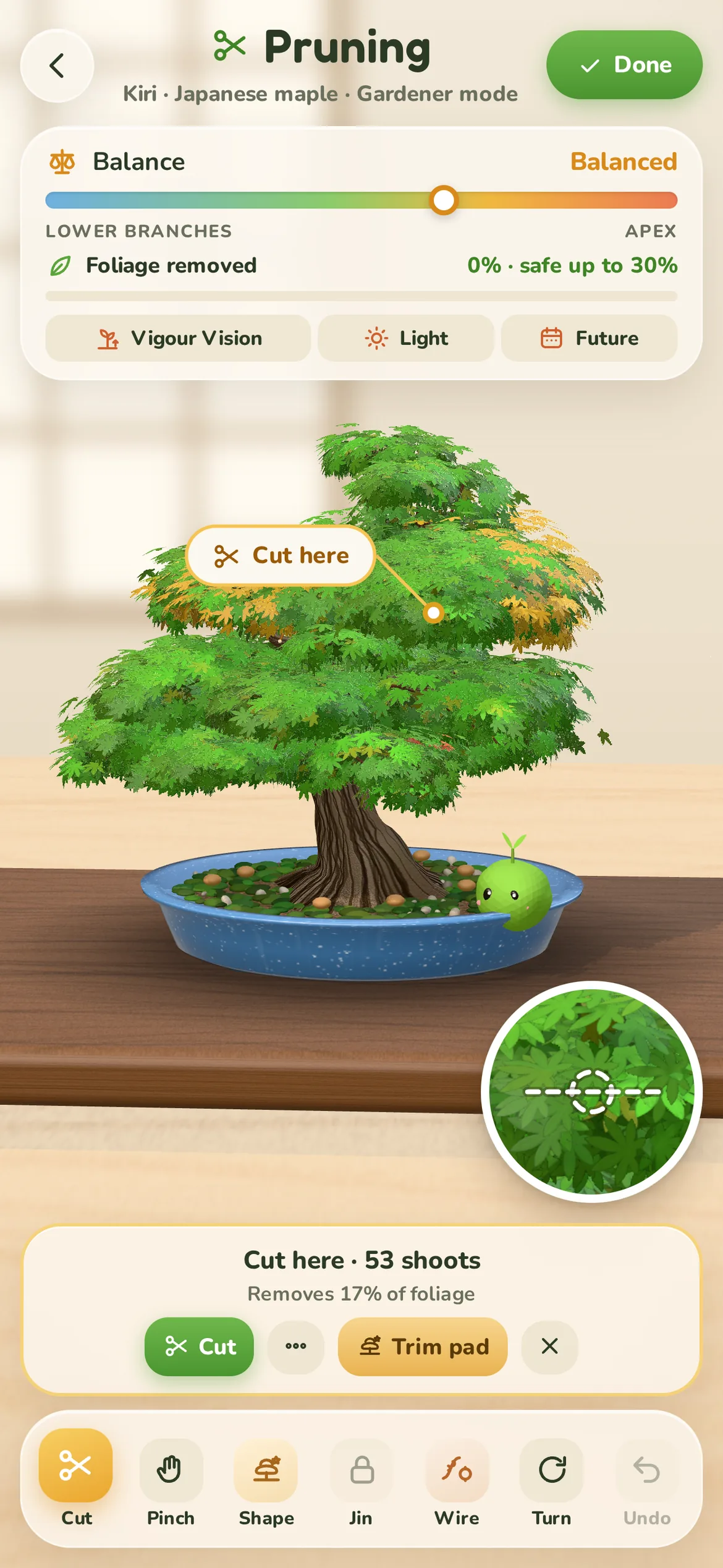 Pruning: tap a branch and see exactly what the cut removes, with a close-up loupe and the share of foliage it takes.