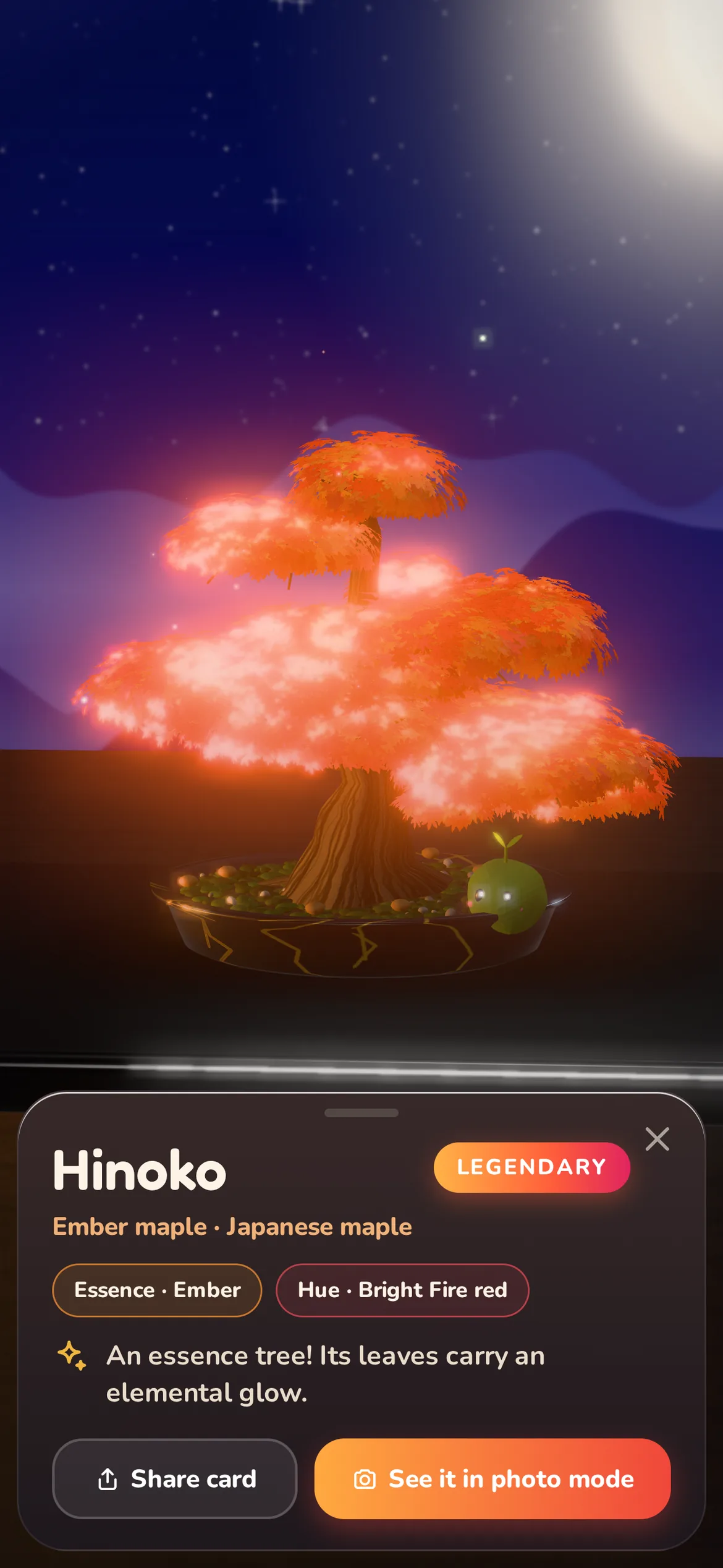 A legendary Ember maple, grown from the Fire Seed, glowing on the Moon terrace at night.