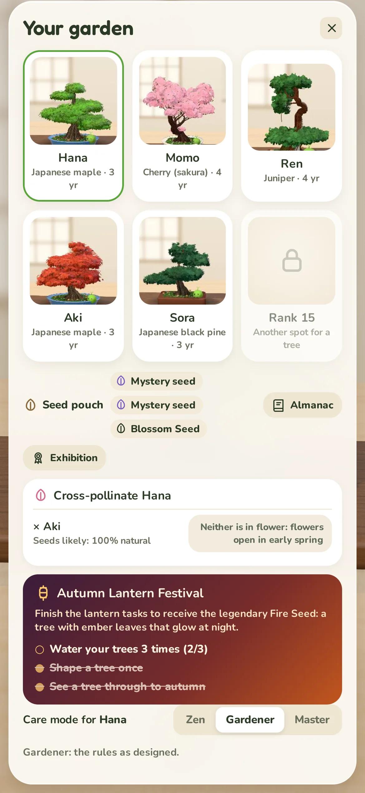 Your garden: five trees across the seasons, the seed pouch, cross-pollination and the Autumn Lantern Festival.
