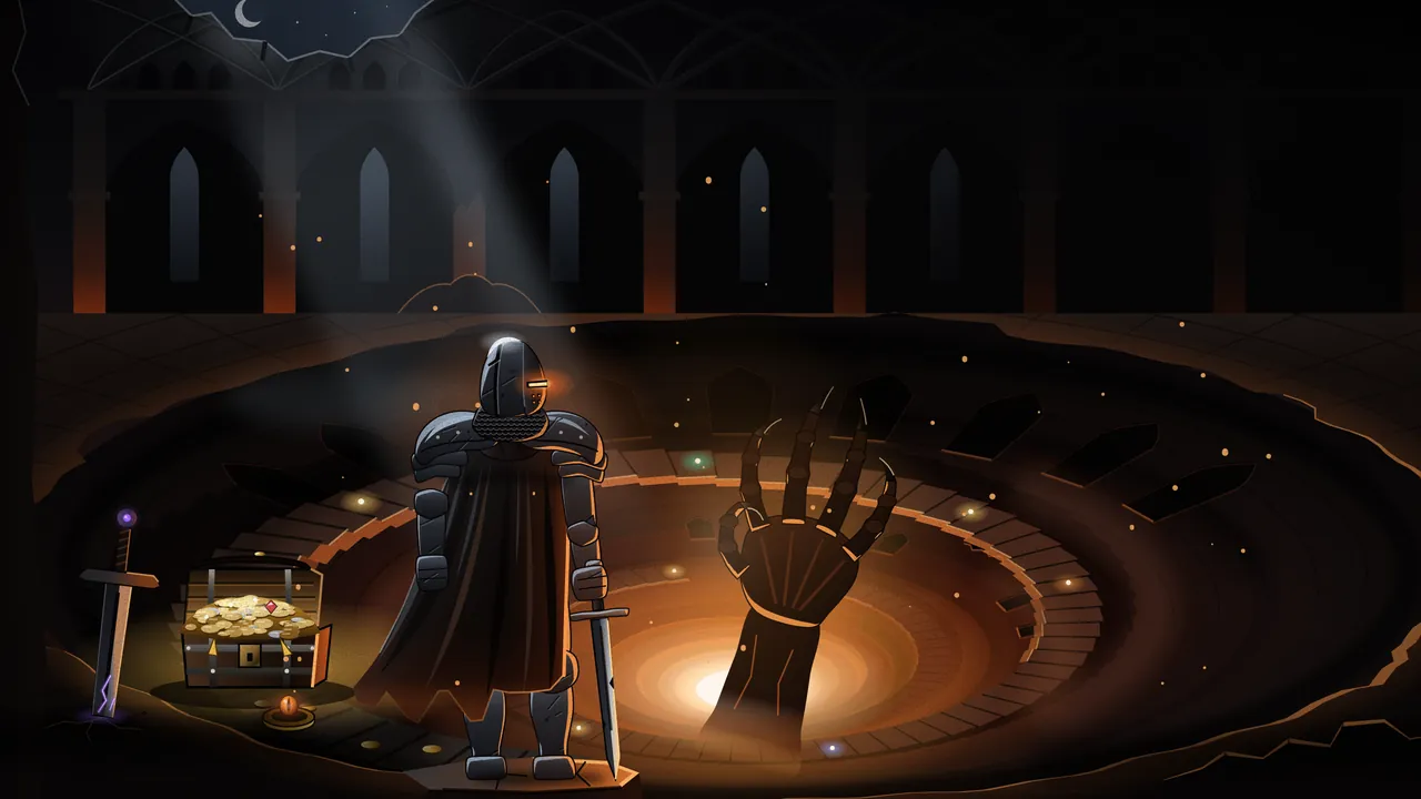 A lone armoured knight on the rim of a glowing pit under a ruined cathedral, beside a chest of gold, as a colossal hand rises from the depths.