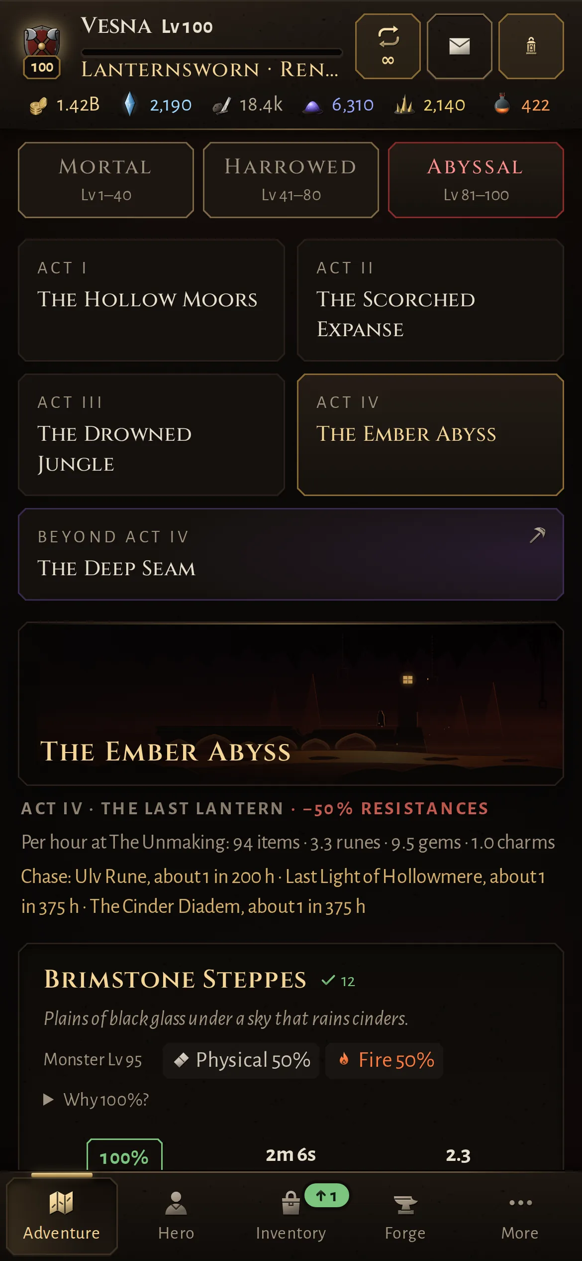 The mission board: three difficulties, four acts and the Deep Seam beyond, with Act IV, the Ember Abyss, open.