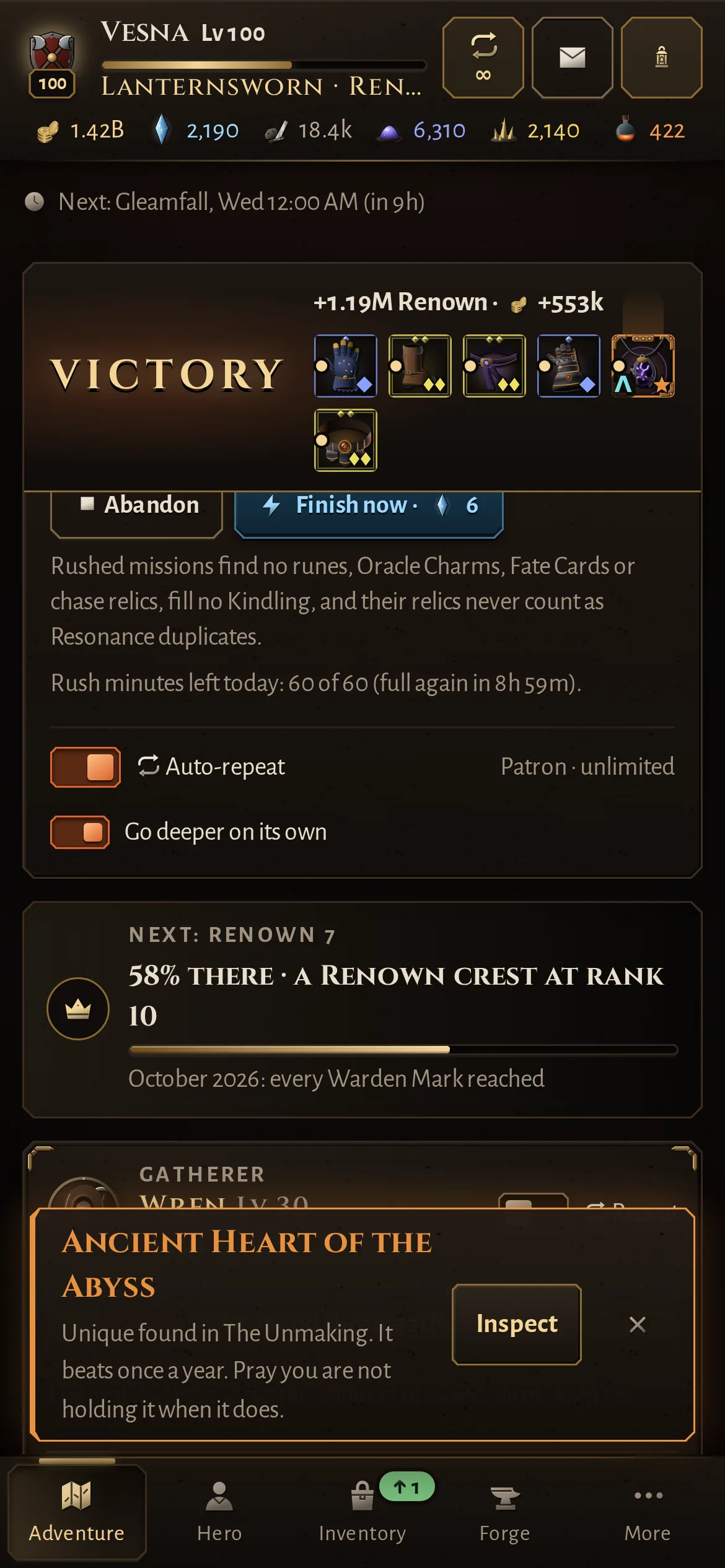 A boss run returns in victory, with Renown, gold and six fresh finds dropping in.