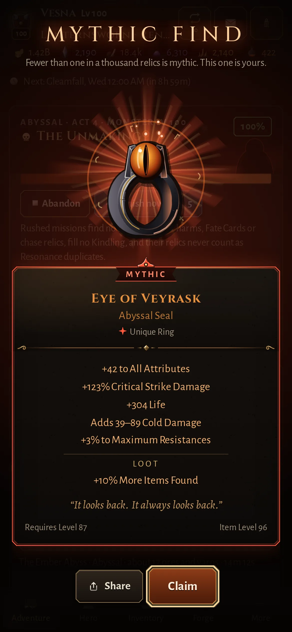 A mythic find, the Eye of Veyrask, revealed on rays of light with its stats.
