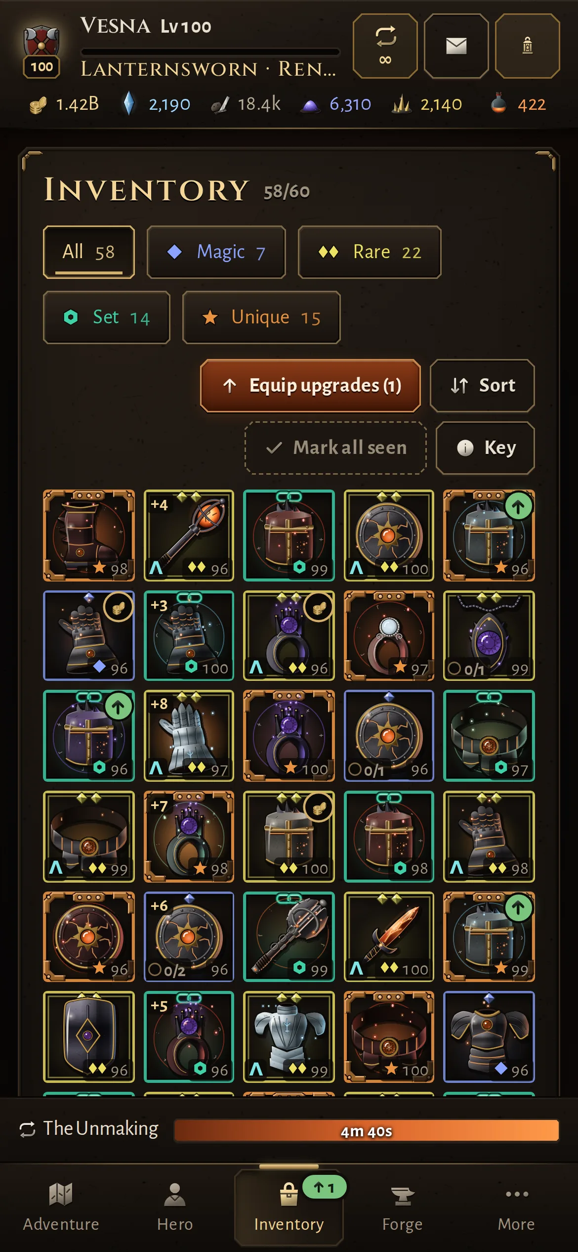 A bag full of loot: painted relics, set pieces and rare finds in a level-100 hero's inventory.
