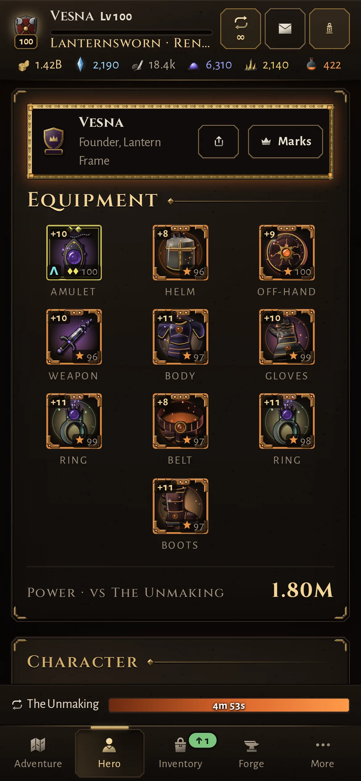 The hero's equipment, every slot forged to +8 or better.
