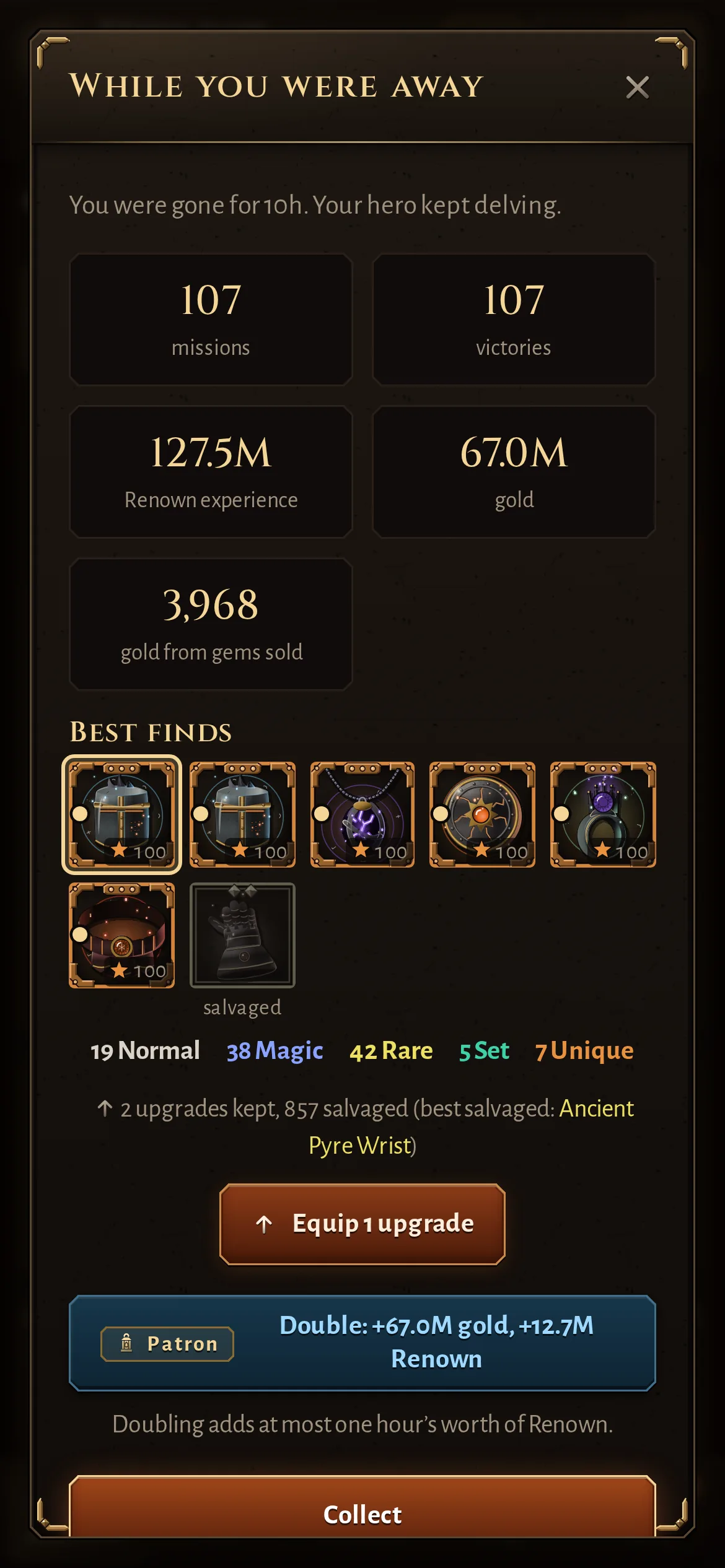 While you were away: ten idle hours add up to 107 missions, millions of gold and the night's best finds.