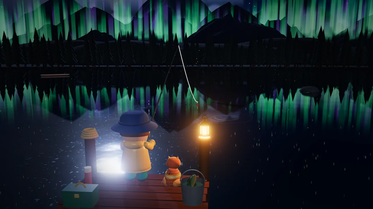 Mirror Lake at night on a computer: green aurora over the pines, mirrored in the still lake, and the angler under the dock lantern.