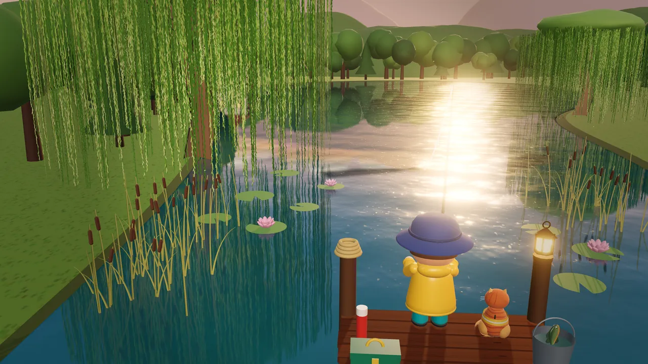 An angler in a yellow raincoat and Biscuit the cat on a lantern-lit dock at golden hour, line out over a pond fringed with willows, cattails and water lilies.