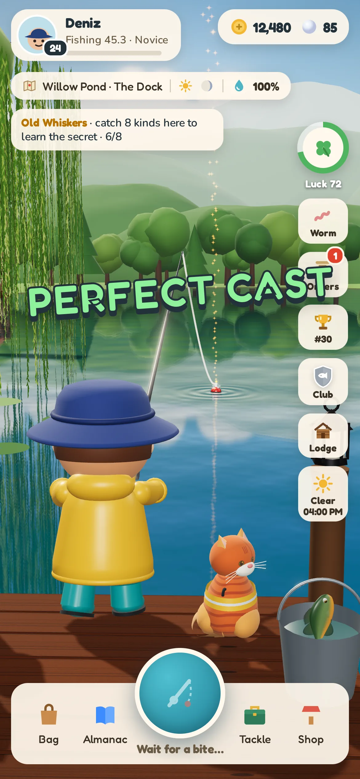 A perfect cast: the lure splashes down with a rainbow sparkle trail.
