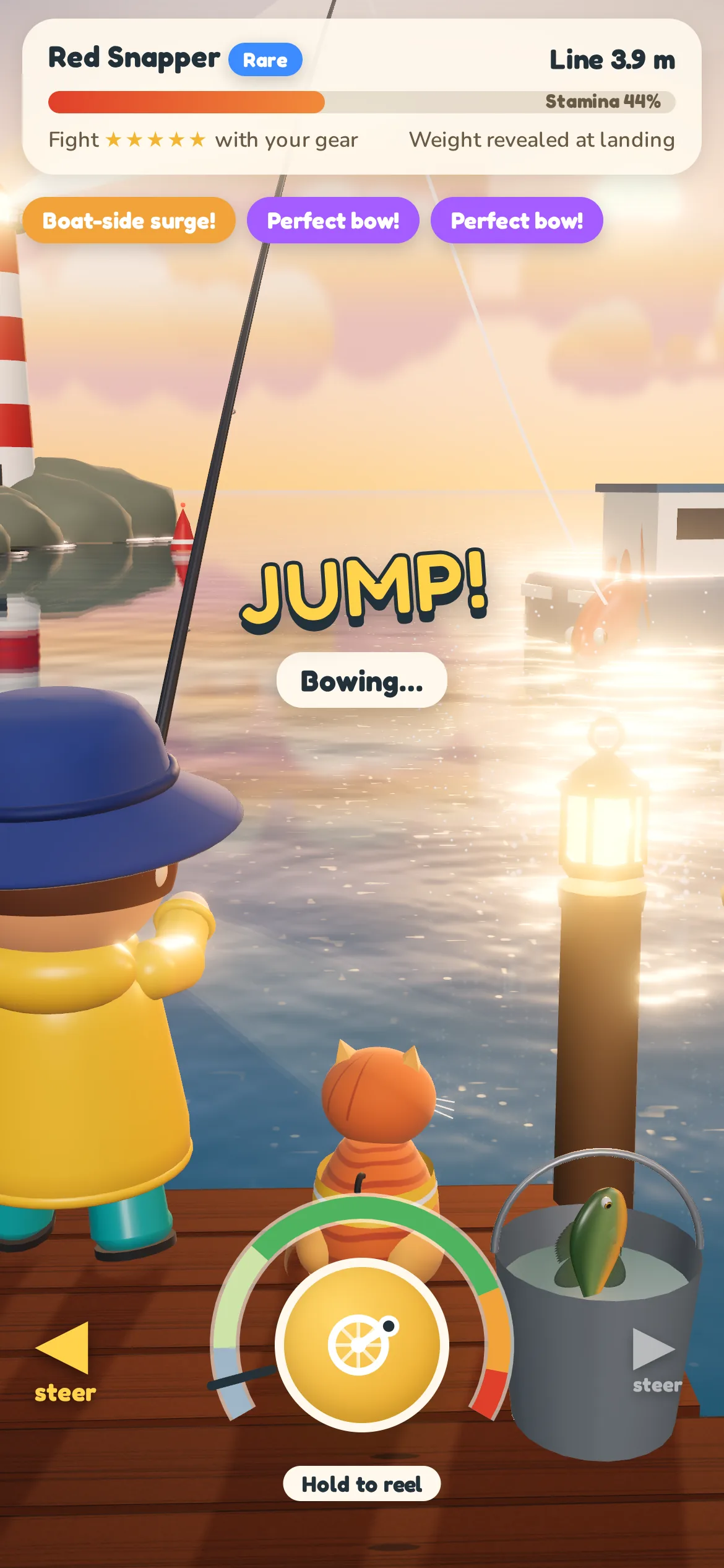 Sunset at Saltwind Harbor: a rare Red Snapper leaps mid-fight, and the angler bows the rod to keep it on.