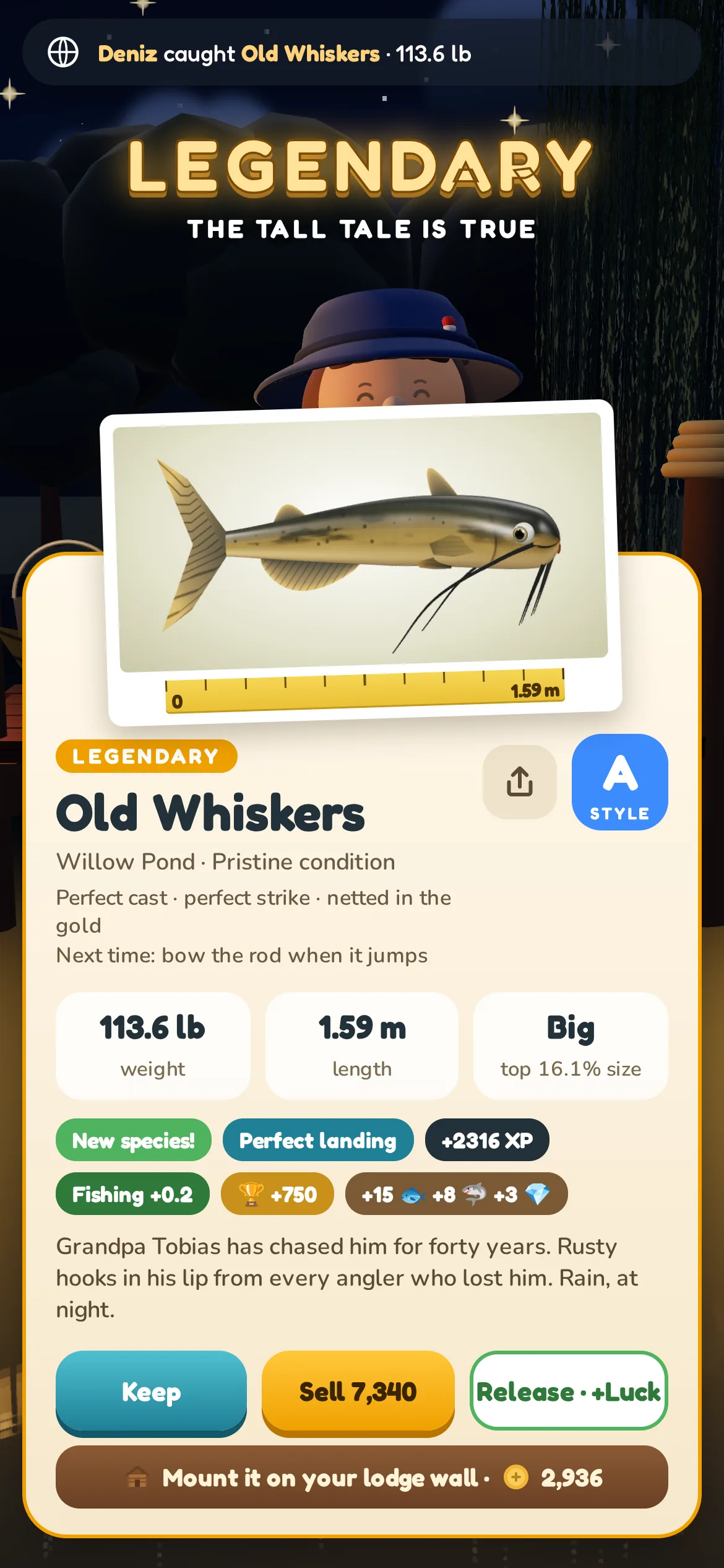 Legendary: Old Whiskers, 113.6 lb, landed on a rainy night. The tall tale is true.