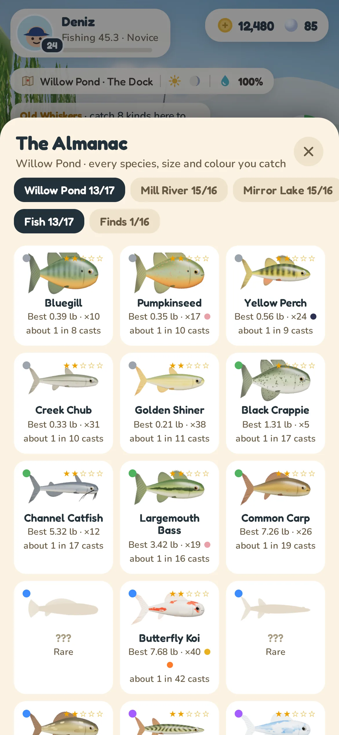 The Almanac: every species caught on Willow Pond, with its record and odds, and the rare ones still in silhouette.