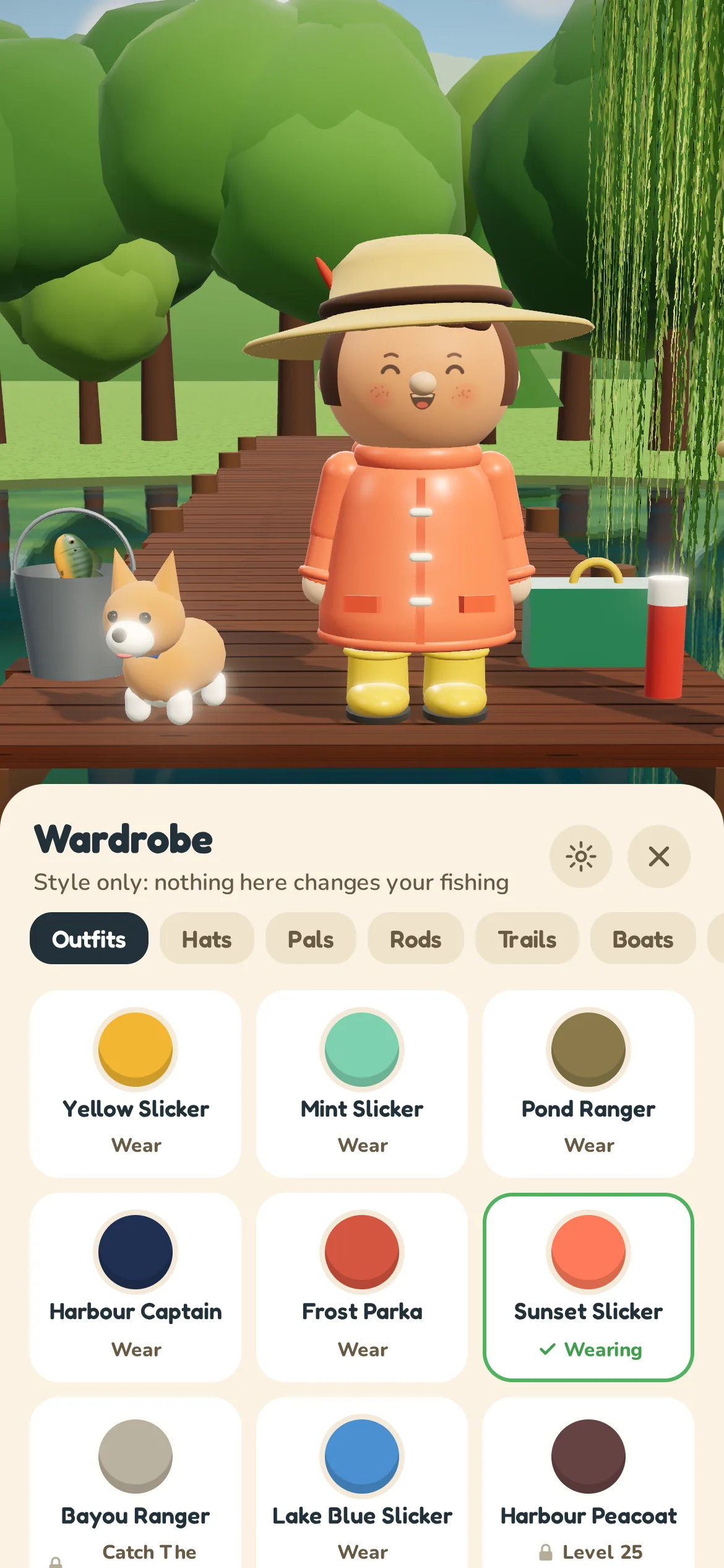 The wardrobe: the Sunset Slicker and a wide straw hat, with Pickles the corgi along for the trip.