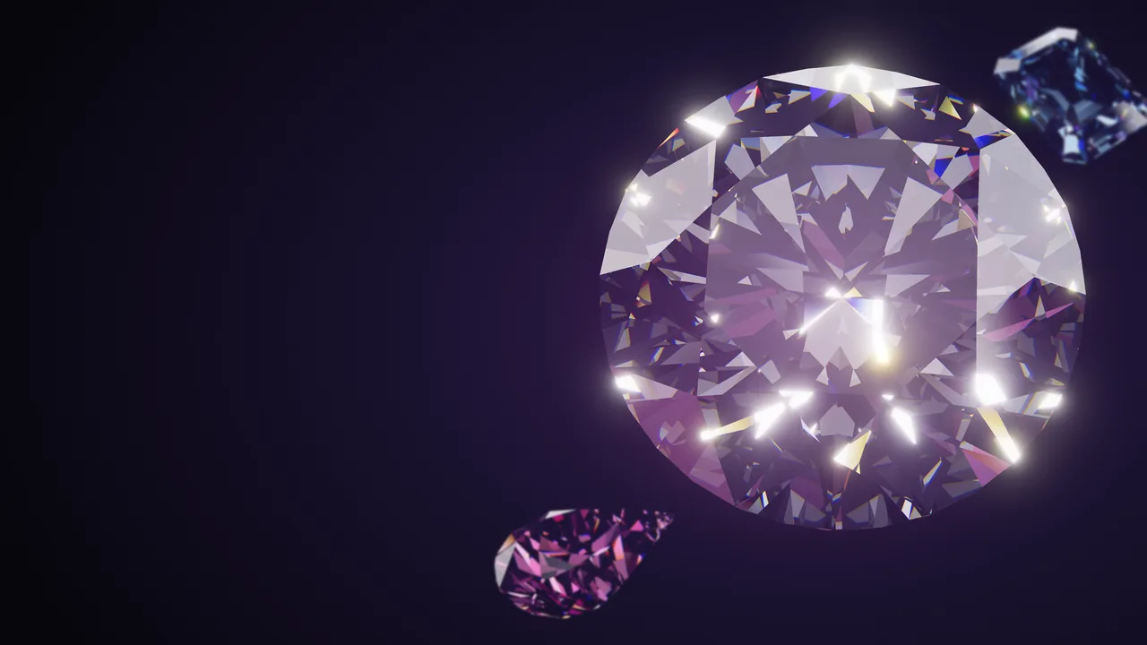 A solitaire from the game’s gem viewer: a large round brilliant beside a soft pink pear and a small blue emerald.