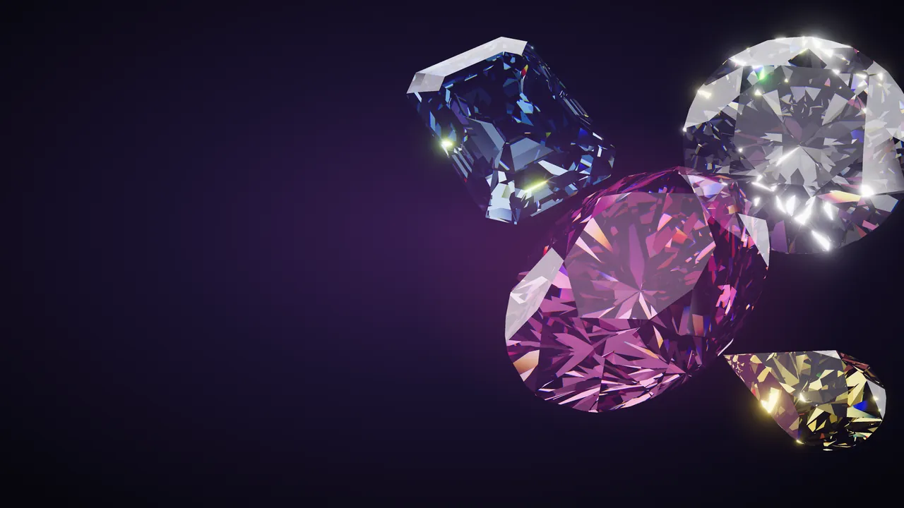 Brilliant cut diamonds, pink, white, blue and yellow, sparkling against a deep purple background.
