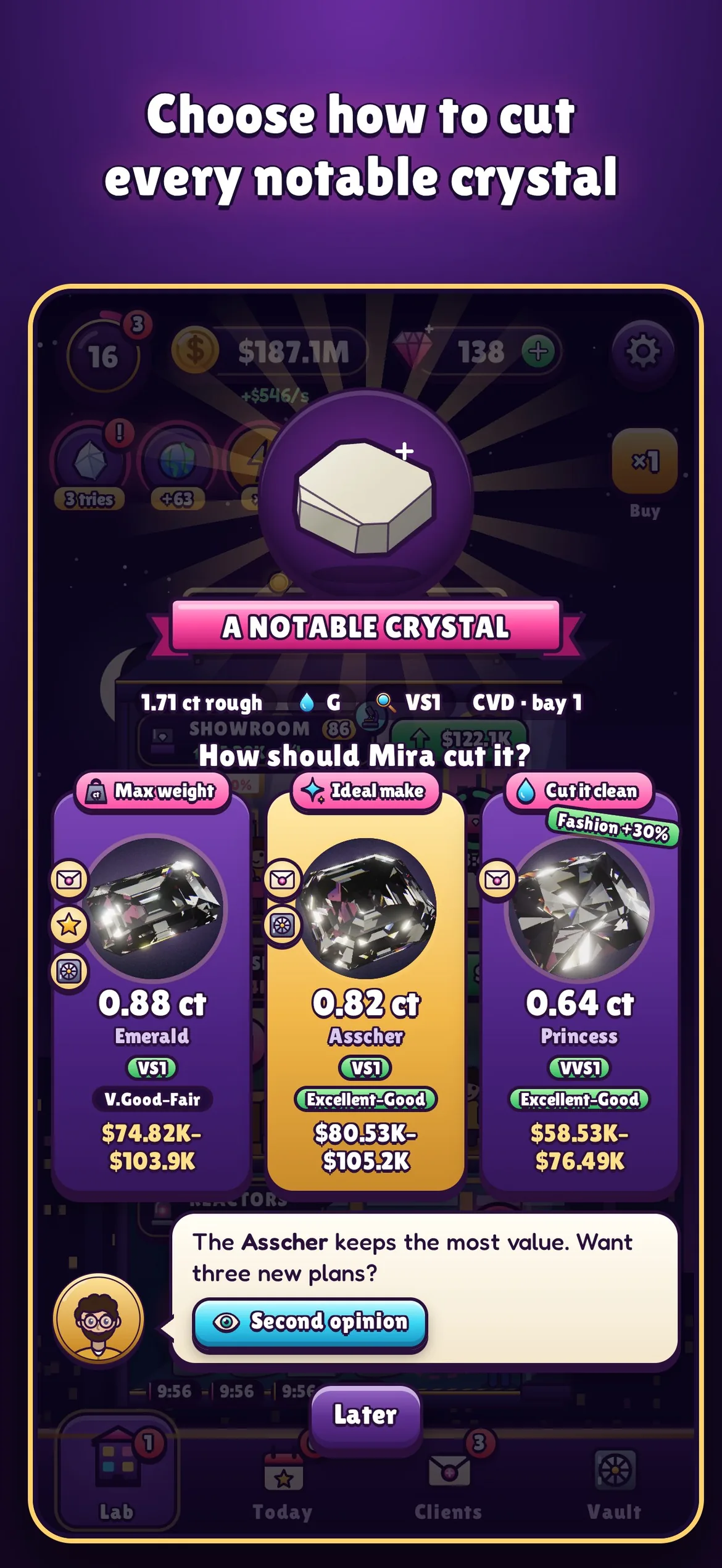 Planning the cut of a notable rough crystal: choose the shape and see what each plan keeps.