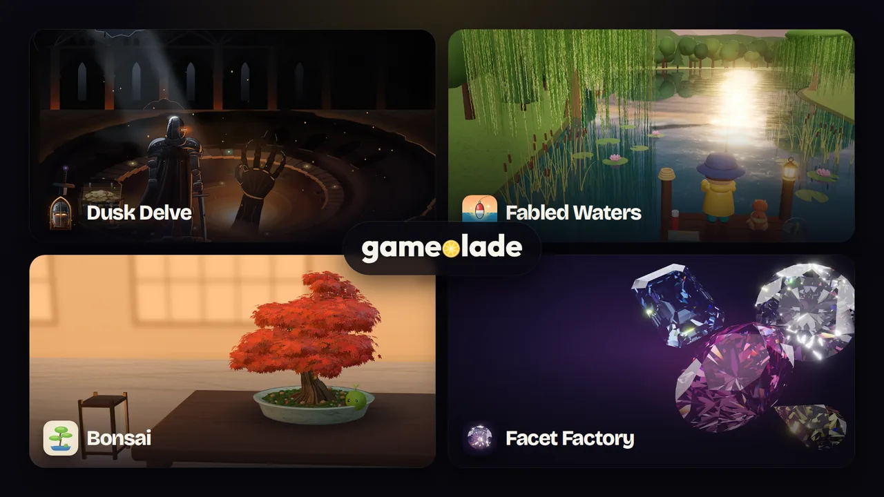 Key art from Dusk Delve, Fabled Waters, Bonsai and Lab Diamond Tycoon side by side.