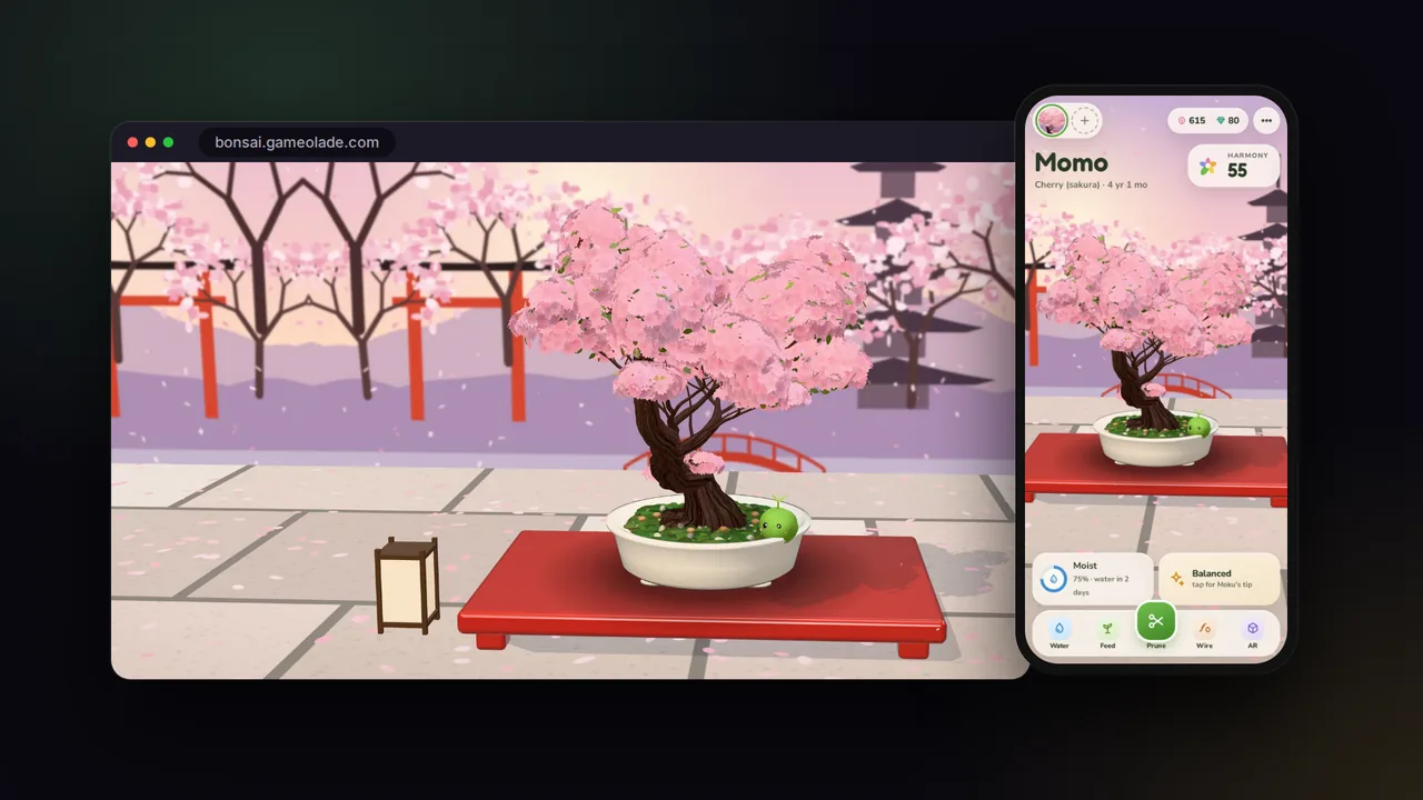 Bonsai running side by side in a browser window and on a phone, the same cherry tree in bloom on both.